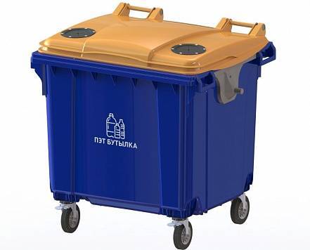 Контейнер пластиковый для мусора (ТБО/ТКО) с резиновыми клапанами и нанесением &quot;ПЭТ бутылка&quot;, 1100 л